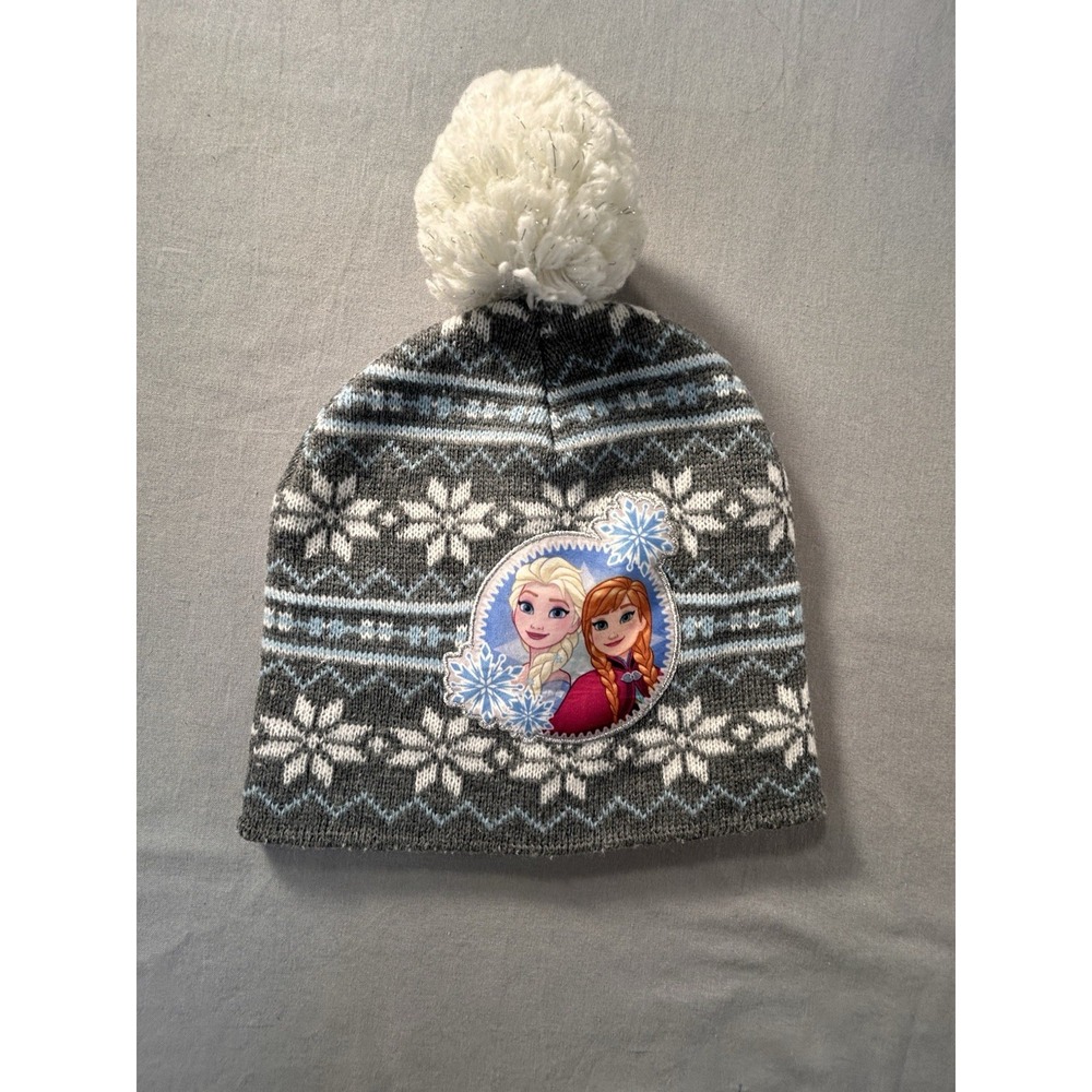 Disney Frozen Princess Anna Elsa Girls Gray Fair Isle Pom Beanie Hat Size 2T-5T‎